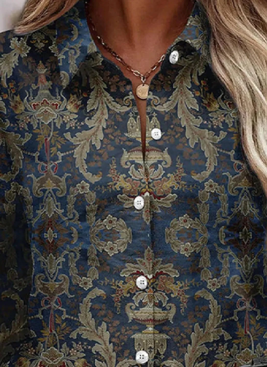 Womens Vintage Floral Print Button Lapel Shirt 2025 Summer Fashion Navy Blue Casual Everyday Office Long Sleeve Shirt