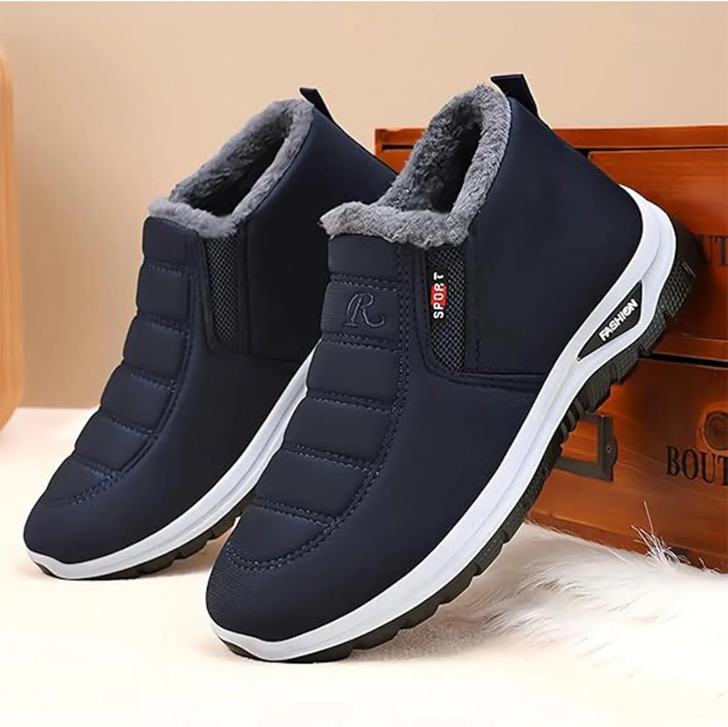 Women's Warm Sheepskin-Lined Boots, Winter Ankle Slip on Short Snow Fur Lined Boots, Unisex