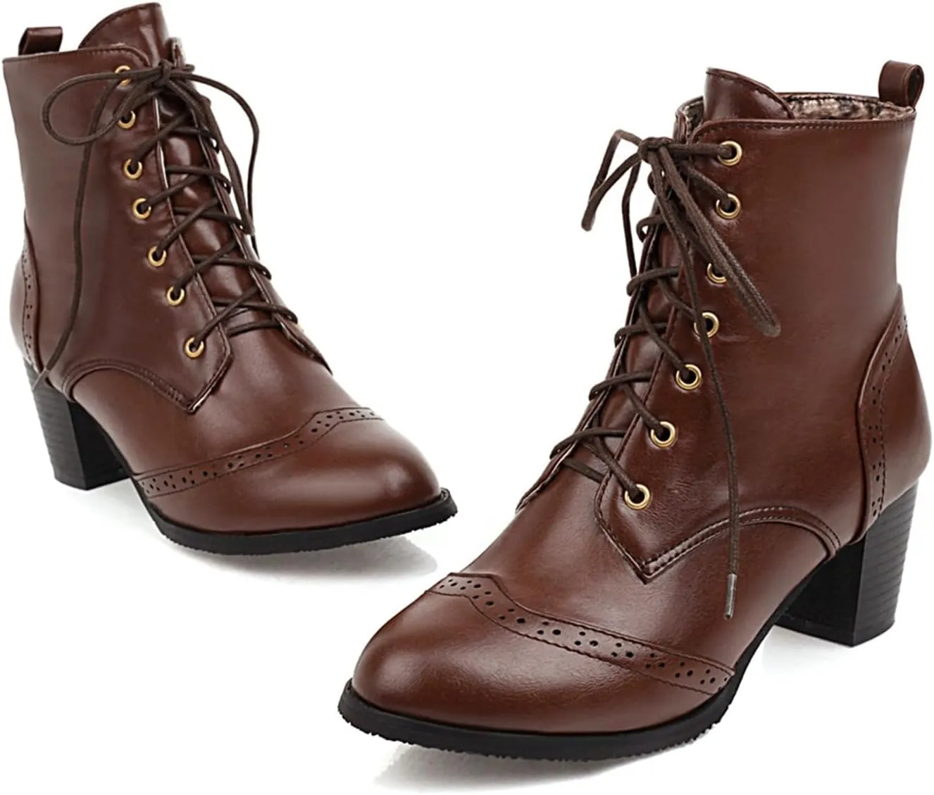 Women's Wingtip Lace Up Booties Chunky Heel Ankle Boots Mid Calf Boots Combat Boots Slip On Leather Boots Fall Winter Boots Faux Fur Lining Vintage Victorian Boots for Wedding Bridal