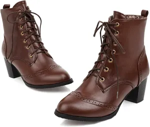 Women's Wingtip Lace Up Booties Chunky Heel Ankle Boots Mid Calf Boots Combat Boots Slip On Leather Boots Fall Winter Boots Faux Fur Lining Vintage Victorian Boots for Wedding Bridal
