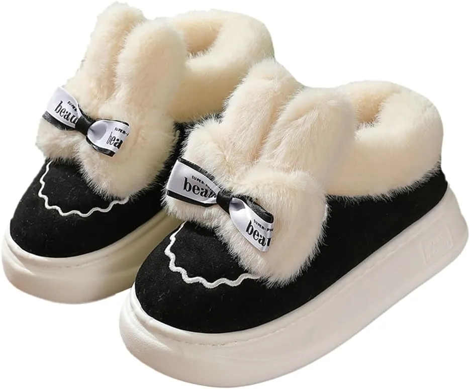 Women's Winter Short Bootie Slippers Cute Rabbit Warm Non-Slip House Shoes Plush Lining Home Slipper Bunny Boots Indoor Outdoor