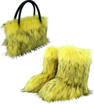 Women's Yellow Faux Fur Tote Bag & Mid-Calf Boots Set, Size 39