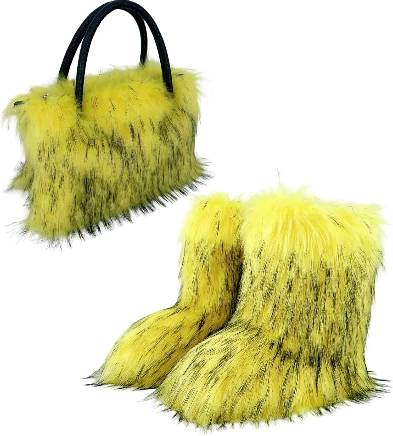Women's Yellow Faux Fur Tote Bag & Mid-Calf Boots Set, Size 39