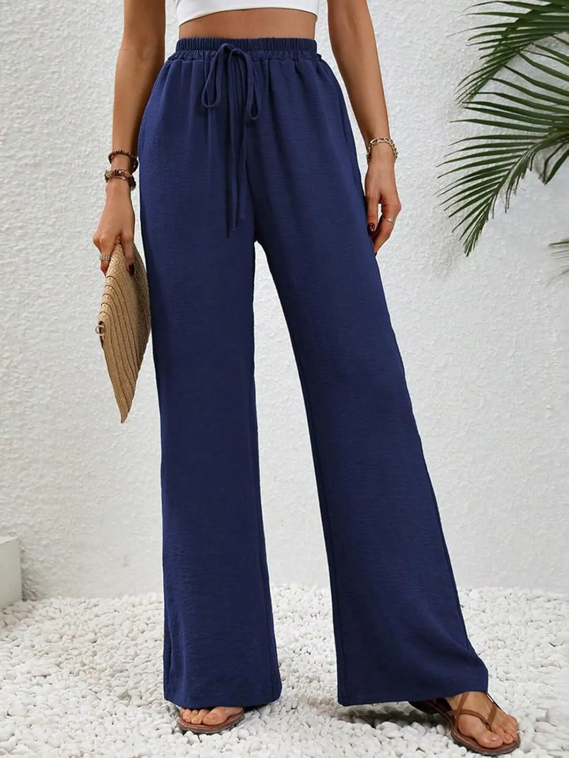 WOWULOVELY Women's High Waisted Wide Leg Long Pants Palazzo Casual Trousers with Pockets