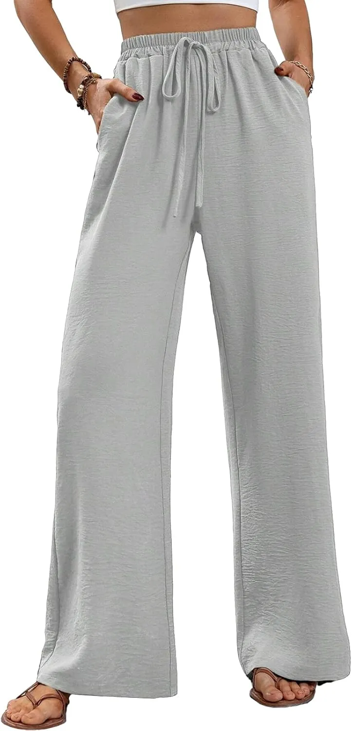 WOWULOVELY Women's High Waisted Wide Leg Long Pants Palazzo Casual Trousers with Pockets
