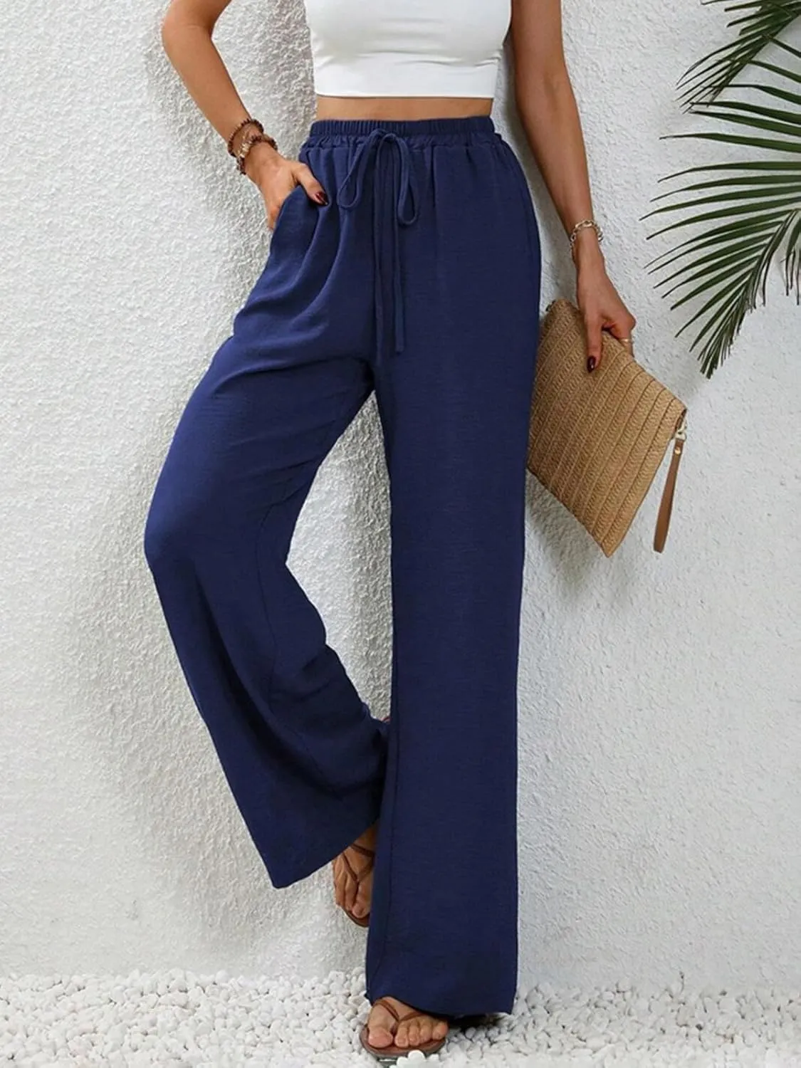 WOWULOVELY Women's High Waisted Wide Leg Long Pants Palazzo Casual Trousers with Pockets
