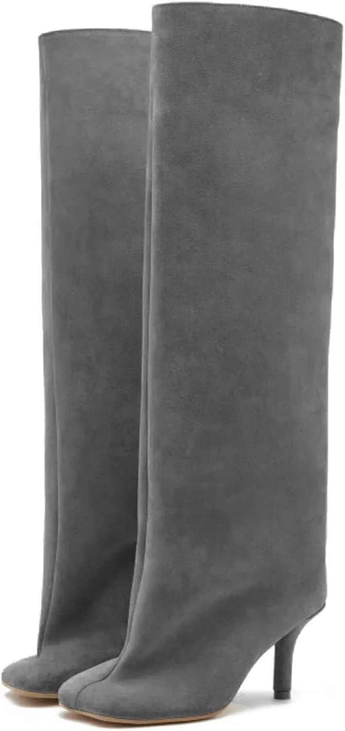 Yishaweiqi Camel Suede Knee High Boots for Women: Square Toe Stiletto Heel Long Tall Wide-Calf Comfortable Fall Boots