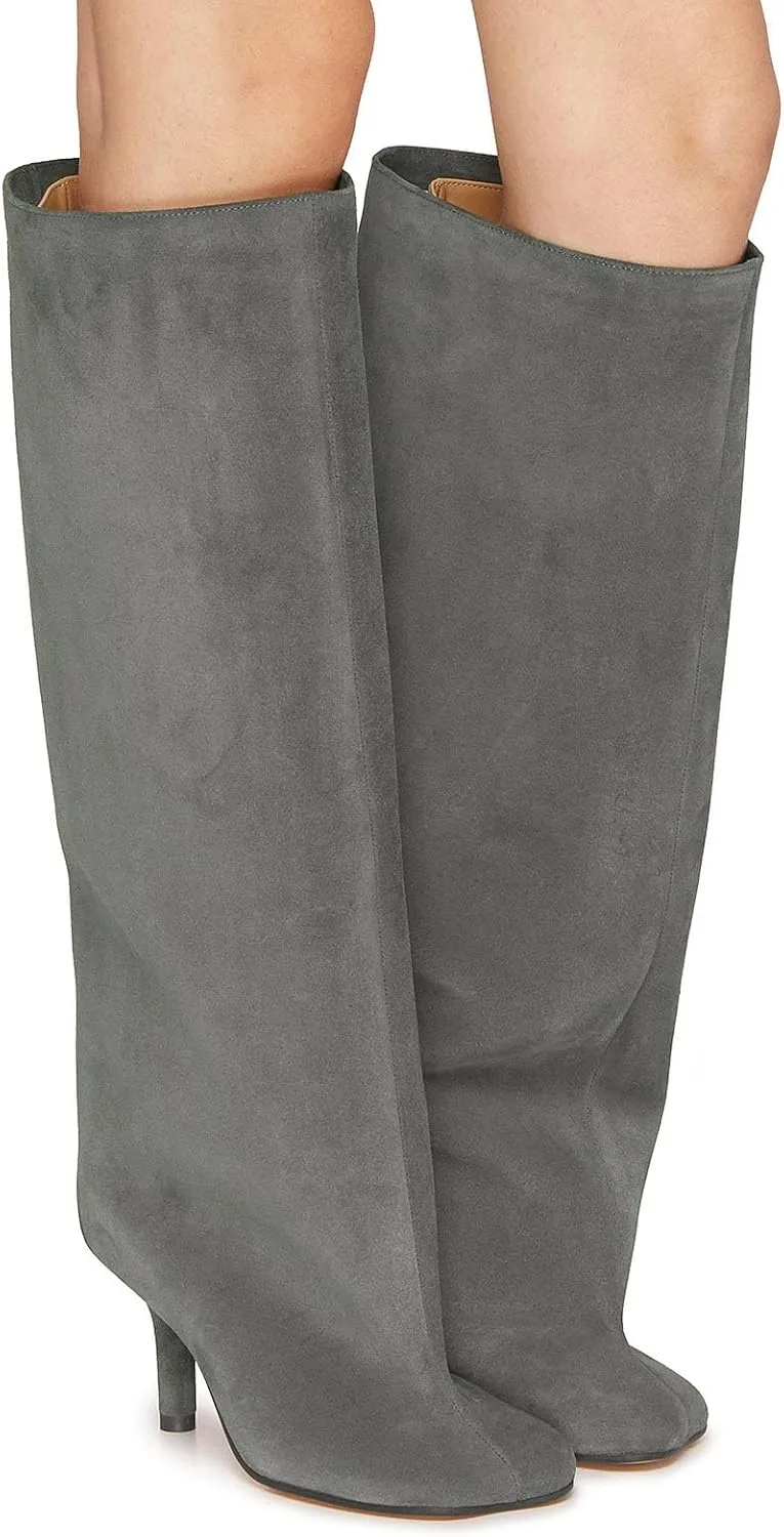 Yishaweiqi Camel Suede Knee High Boots for Women: Square Toe Stiletto Heel Long Tall Wide-Calf Comfortable Fall Boots