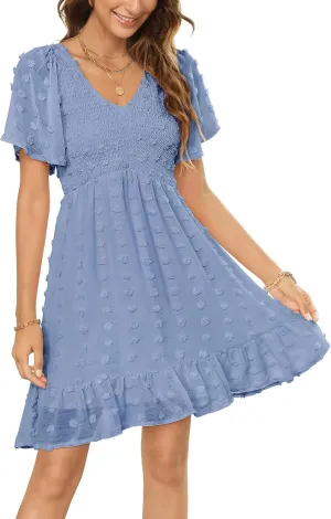 Zattcas Womens 2025 Summer Smocked Dress Short Flutter Sleeve V Neck Swiss Dot Babydoll Ruffle Tiered Mini Dress
