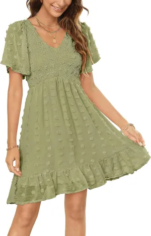 Zattcas Womens 2025 Summer Smocked Dress Short Flutter Sleeve V Neck Swiss Dot Babydoll Ruffle Tiered Mini Dress