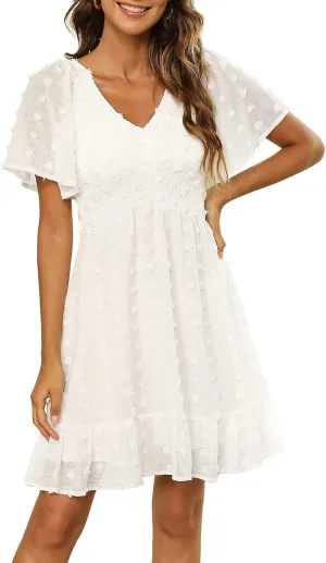 Zattcas Womens 2025 Summer Smocked Dress Short Flutter Sleeve V Neck Swiss Dot Babydoll Ruffle Tiered Mini Dress