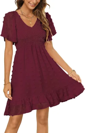 Zattcas Womens 2025 Summer Smocked Dress Short Flutter Sleeve V Neck Swiss Dot Babydoll Ruffle Tiered Mini Dress