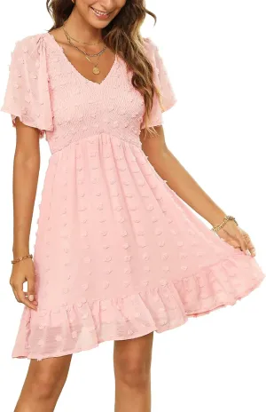 Zattcas Womens 2025 Summer Smocked Dress Short Flutter Sleeve V Neck Swiss Dot Babydoll Ruffle Tiered Mini Dress