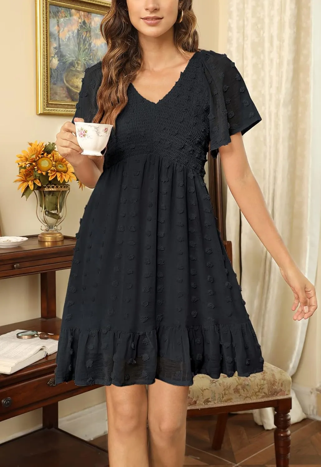 Zattcas Womens 2025 Summer Smocked Dress Short Flutter Sleeve V Neck Swiss Dot Babydoll Ruffle Tiered Mini Dress