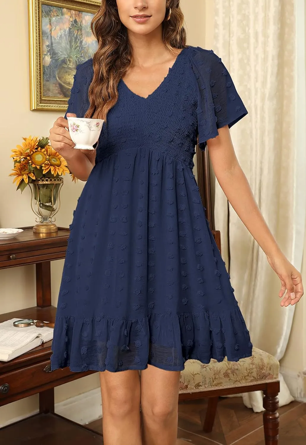 Zattcas Womens 2025 Summer Smocked Dress Short Flutter Sleeve V Neck Swiss Dot Babydoll Ruffle Tiered Mini Dress