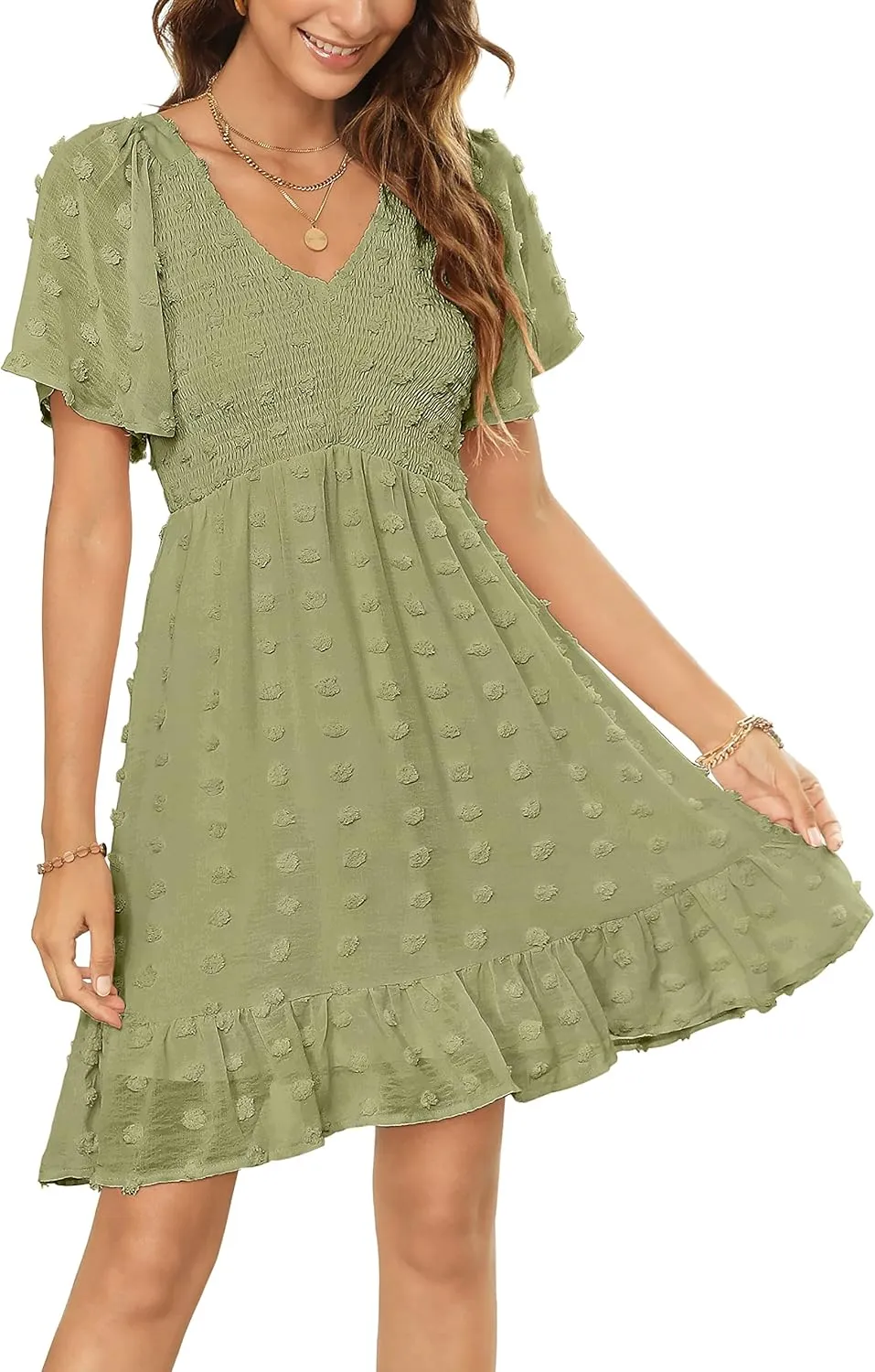 Zattcas Womens 2025 Summer Smocked Dress Short Flutter Sleeve V Neck Swiss Dot Babydoll Ruffle Tiered Mini Dress