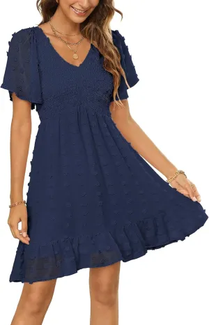 Zattcas Womens 2025 Summer Smocked Dress Short Flutter Sleeve V Neck Swiss Dot Babydoll Ruffle Tiered Mini Dress