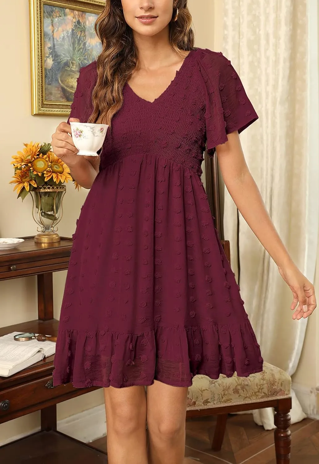 Zattcas Womens 2025 Summer Smocked Dress Short Flutter Sleeve V Neck Swiss Dot Babydoll Ruffle Tiered Mini Dress