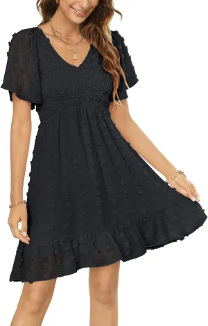 Zattcas Womens 2025 Summer Smocked Dress Short Flutter Sleeve V Neck Swiss Dot Babydoll Ruffle Tiered Mini Dress