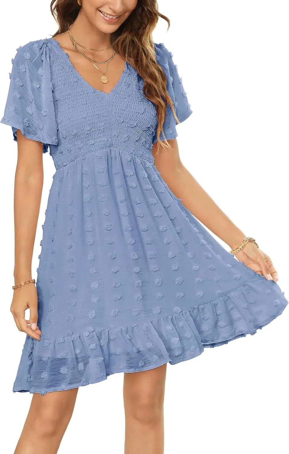Zattcas Womens 2025 Summer Smocked Dress Short Flutter Sleeve V Neck Swiss Dot Babydoll Ruffle Tiered Mini Dress