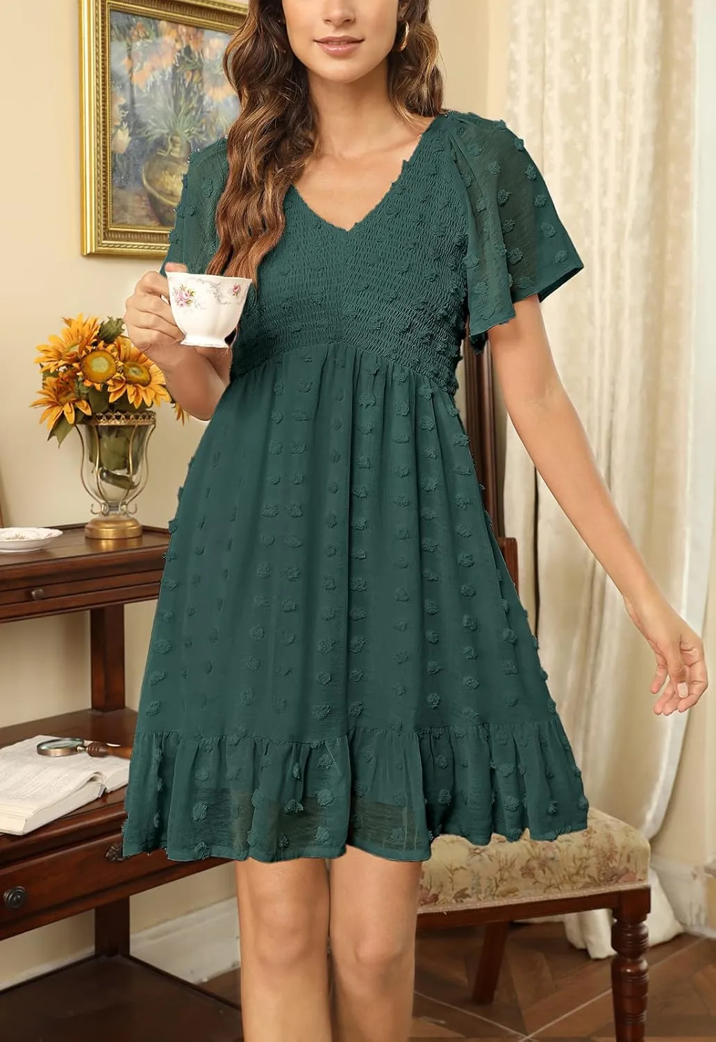 Zattcas Womens 2025 Summer Smocked Dress Short Flutter Sleeve V Neck Swiss Dot Babydoll Ruffle Tiered Mini Dress