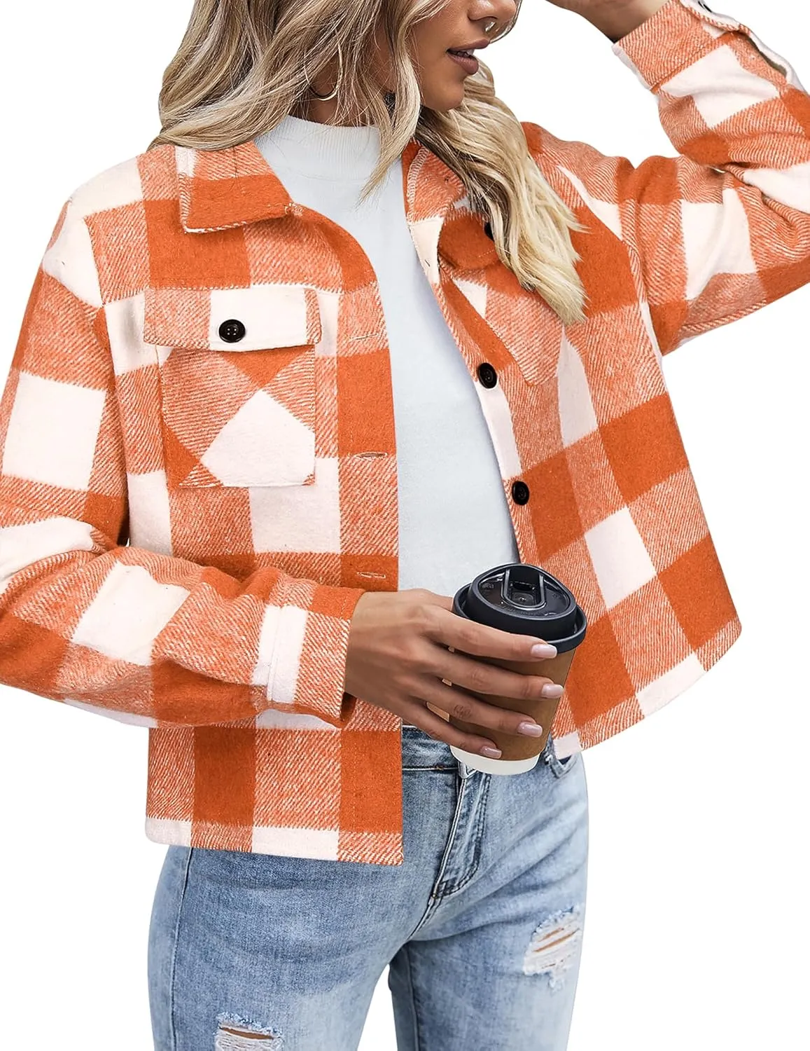 Zeagoo Flannels for Women Cropped Shacket Jacket Fashion Plaid Button Down Shirt 2025 Fall Coat Tops