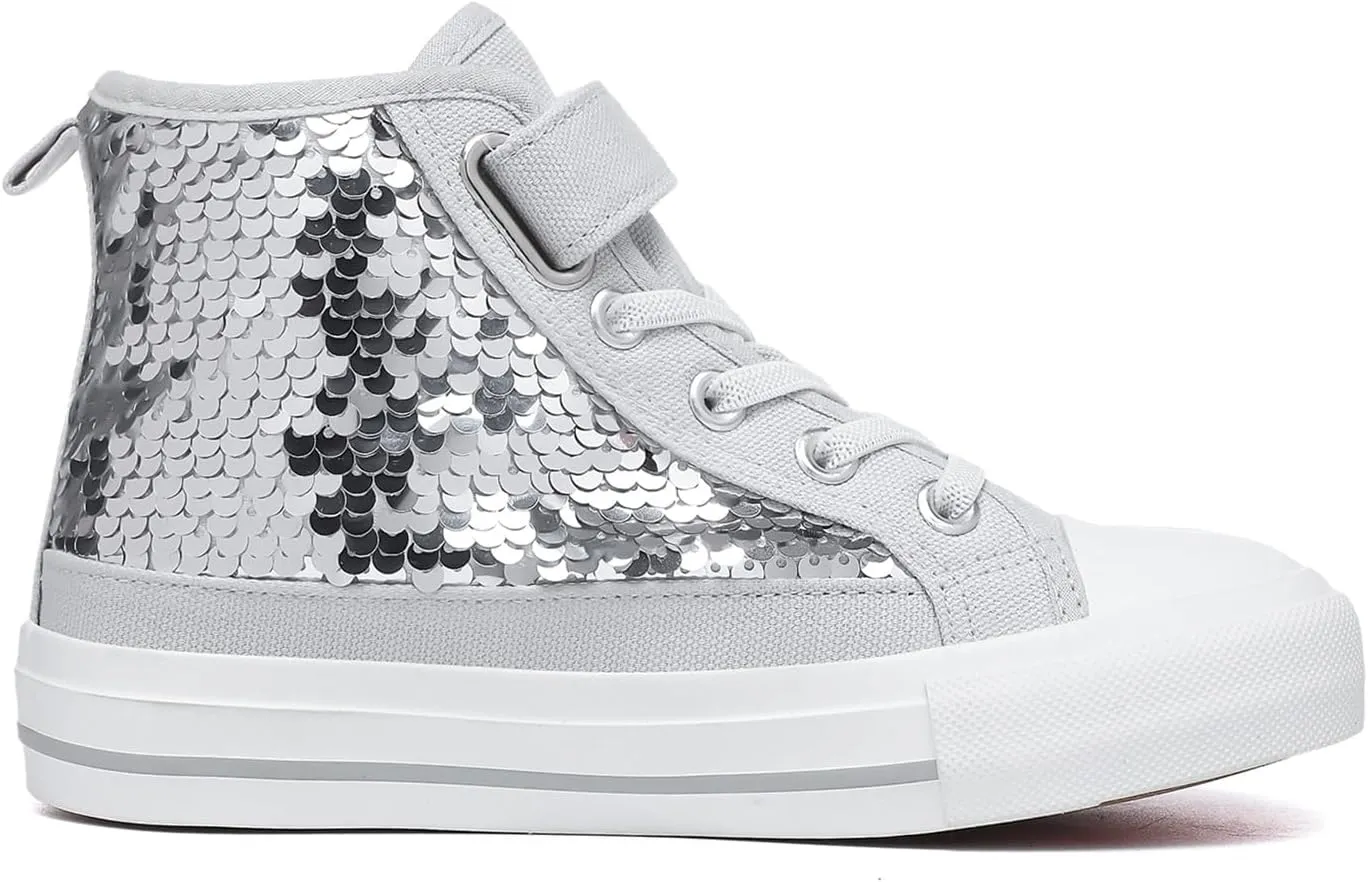 Zoroadke Kids Sparkle Sequins High Top Casual Adjustable Strap Canvas Shoes Girls and Boys Glitter Sneakers