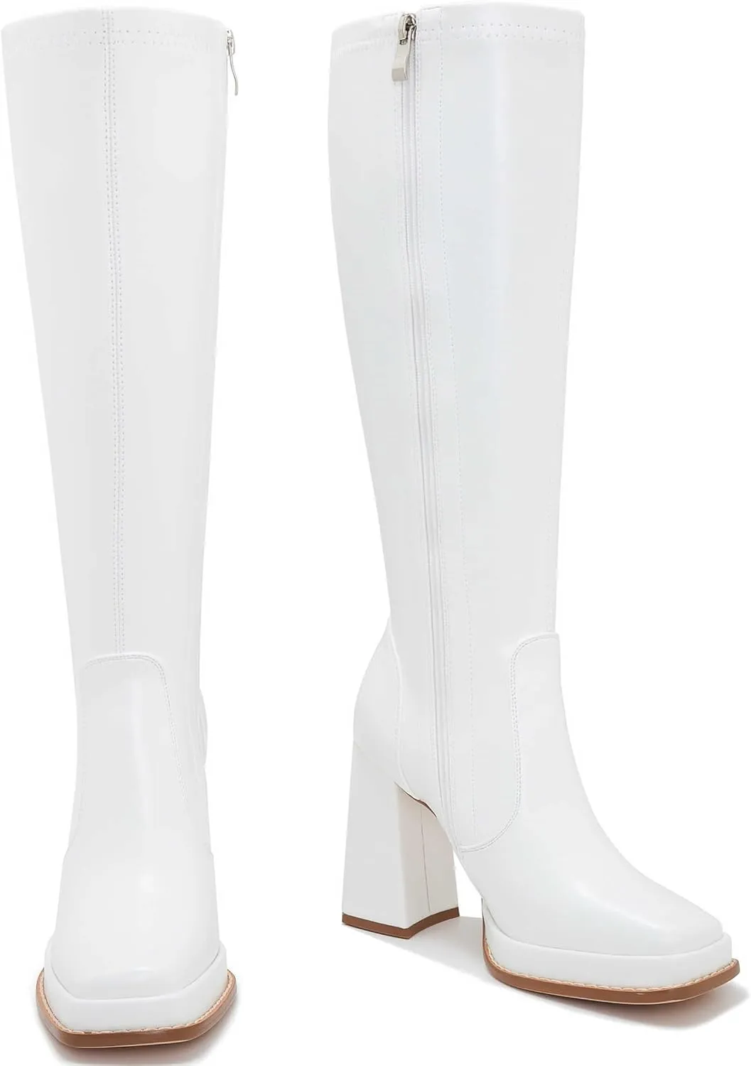 ZXHYZLZ Knee High Gogo Boots 70S For Women Wide Calf Long Tall Square Toe Chunky Boot Women