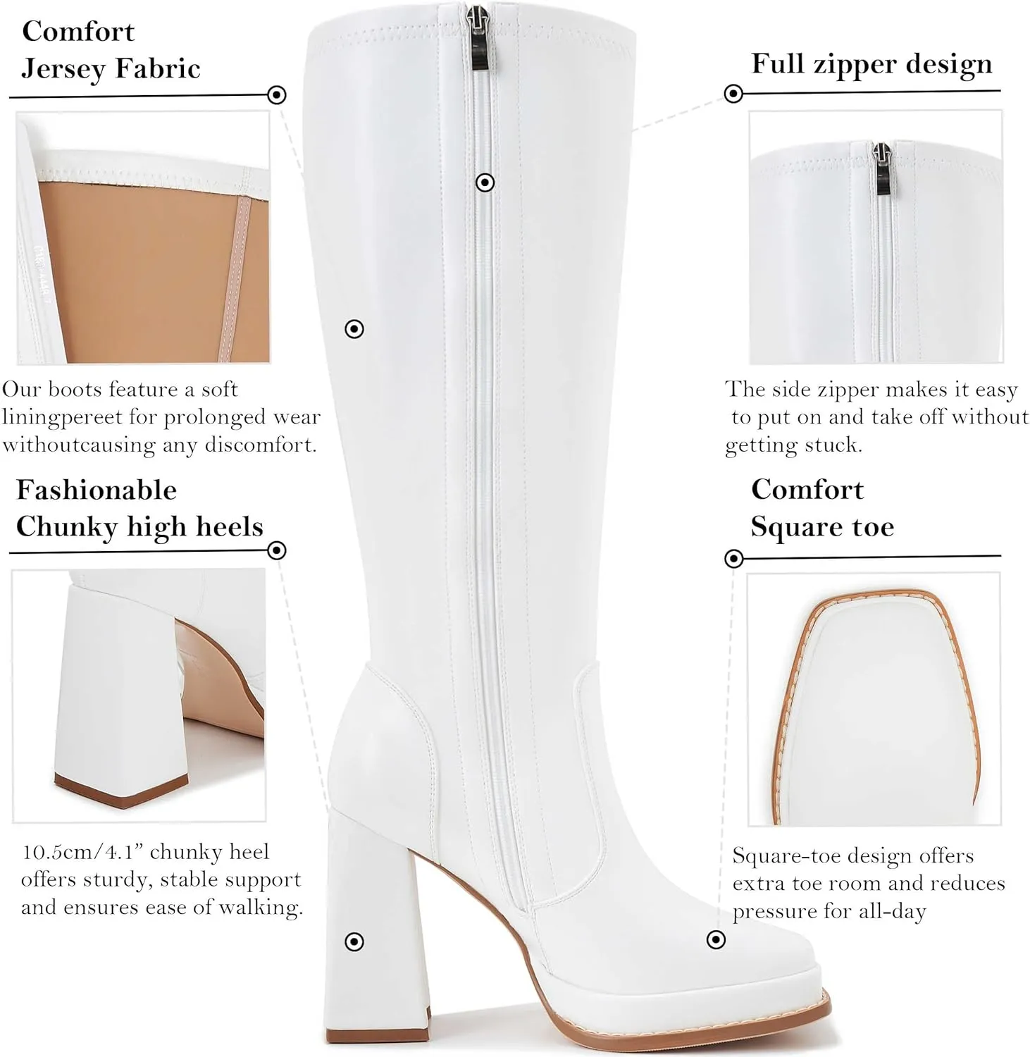 ZXHYZLZ Knee High Gogo Boots 70S For Women Wide Calf Long Tall Square Toe Chunky Boot Women