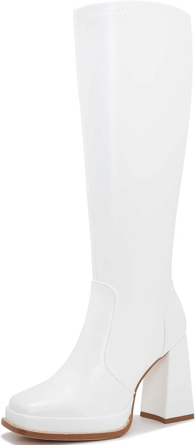 ZXHYZLZ Knee High Gogo Boots 70S For Women Wide Calf Long Tall Square Toe Chunky Boot Women